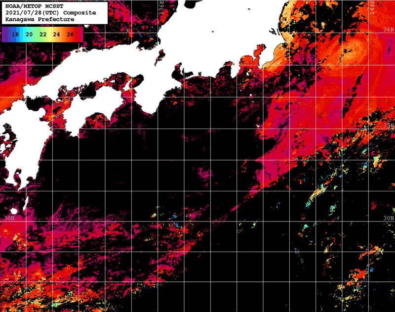 NOAA、MetOp 人工衛星画像 検索結果, 水温分布を図示