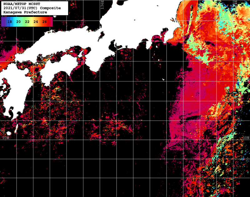 NOAA、MetOp 人工衛星画像 検索結果, 水温分布を図示