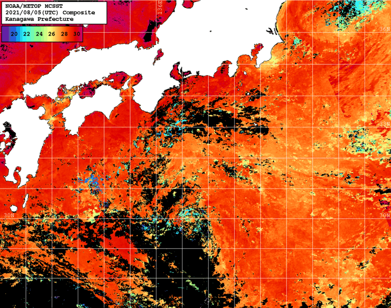 NOAA、MetOp 人工衛星画像 検索結果, 水温分布を図示