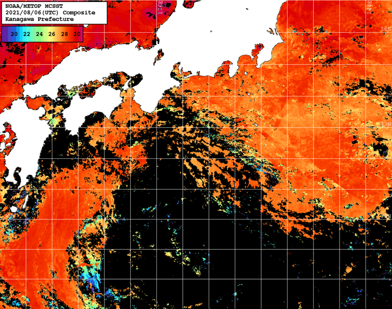 NOAA、MetOp 人工衛星画像 検索結果, 水温分布を図示