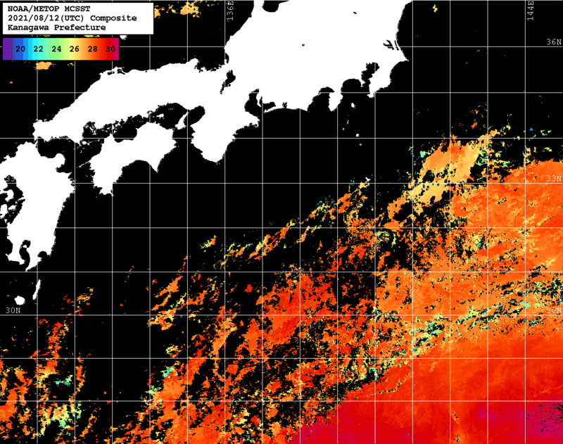 NOAA、MetOp 人工衛星画像 検索結果, 水温分布を図示
