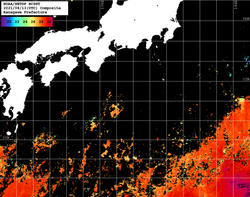 NOAA、MetOp 人工衛星画像 検索結果, 水温分布を図示
