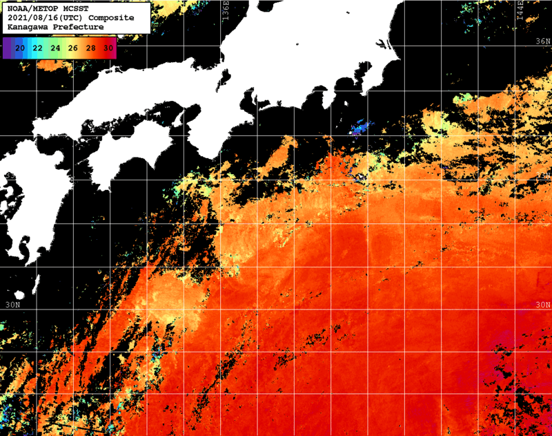 NOAA、MetOp 人工衛星画像 検索結果, 水温分布を図示
