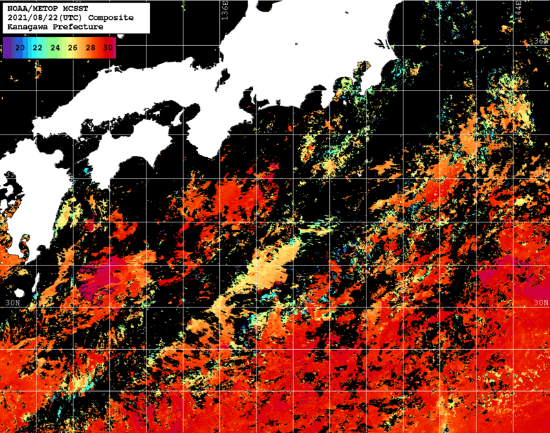 NOAA、MetOp 人工衛星画像 検索結果, 水温分布を図示