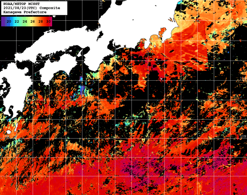 NOAA、MetOp 人工衛星画像 検索結果, 水温分布を図示