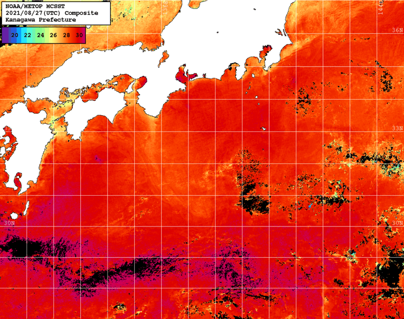 NOAA、MetOp 人工衛星画像 検索結果, 水温分布を図示