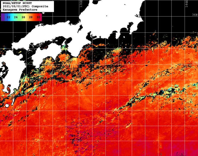 NOAA、MetOp 人工衛星画像 検索結果, 水温分布を図示