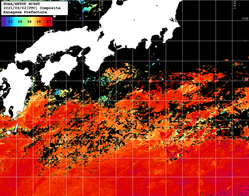 NOAA、MetOp 人工衛星画像 検索結果, 水温分布を図示
