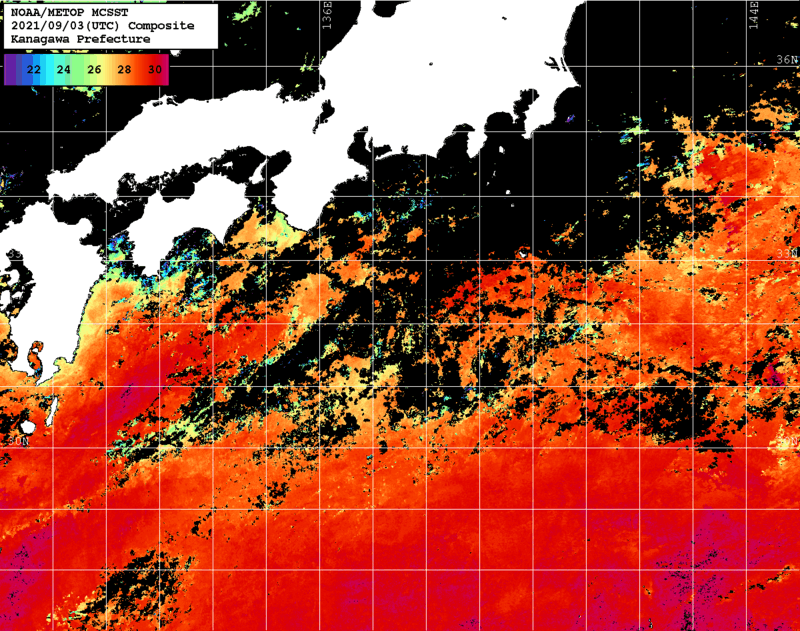 NOAA、MetOp 人工衛星画像 検索結果, 水温分布を図示