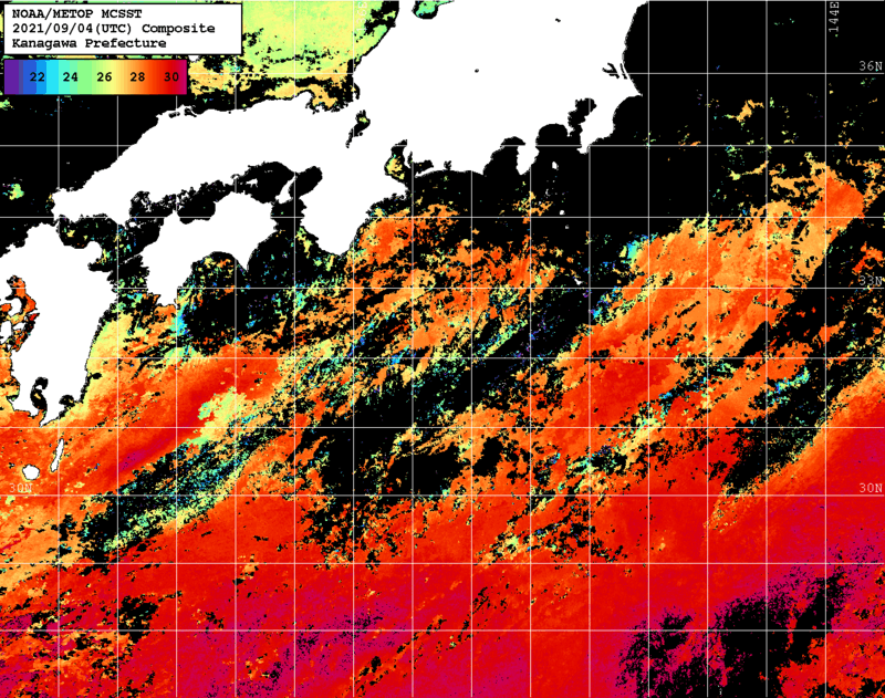 NOAA、MetOp 人工衛星画像 検索結果, 水温分布を図示
