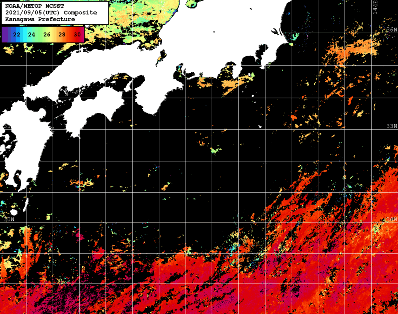 NOAA、MetOp 人工衛星画像 検索結果, 水温分布を図示