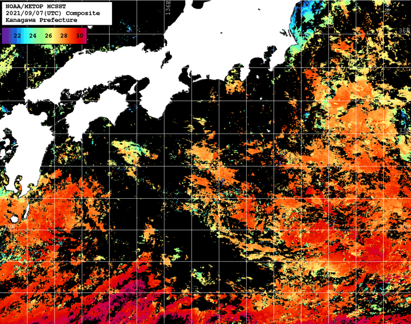 NOAA、MetOp 人工衛星画像 検索結果, 水温分布を図示