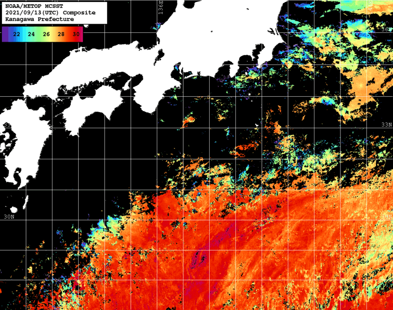 NOAA、MetOp 人工衛星画像 検索結果, 水温分布を図示