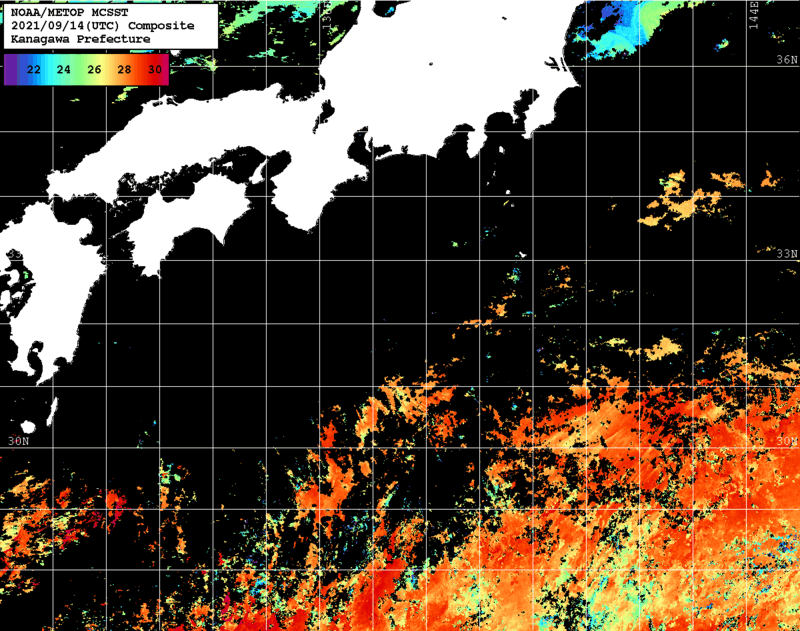 NOAA、MetOp 人工衛星画像 検索結果, 水温分布を図示