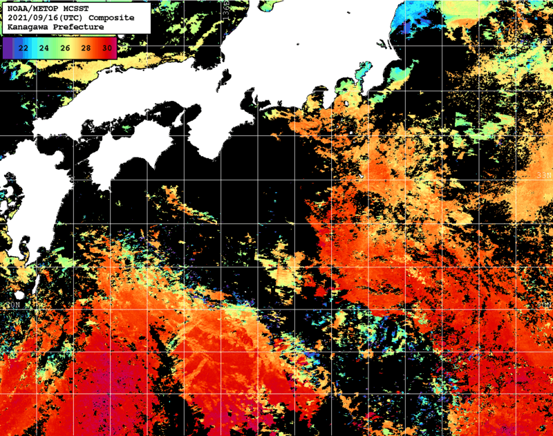 NOAA、MetOp 人工衛星画像 検索結果, 水温分布を図示