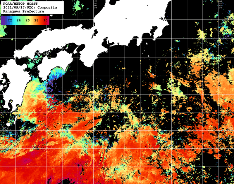NOAA、MetOp 人工衛星画像 検索結果, 水温分布を図示