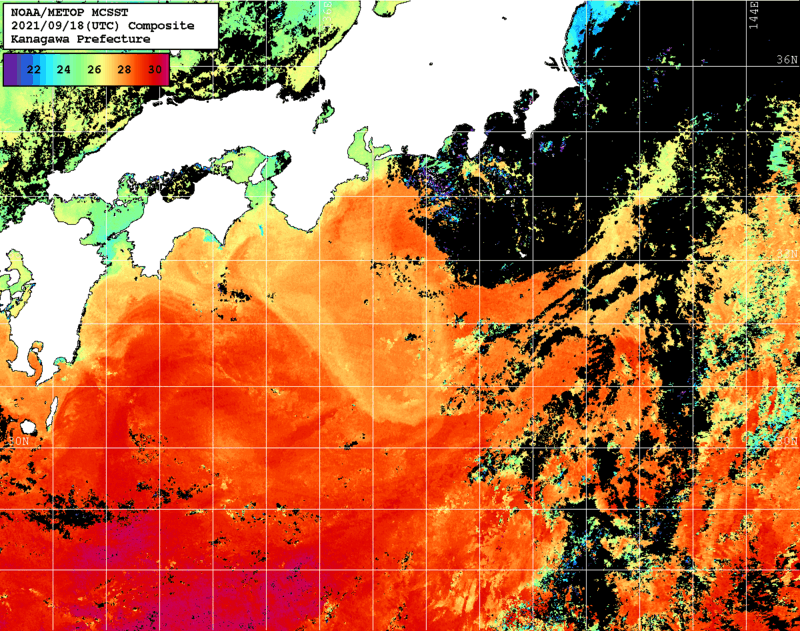 NOAA、MetOp 人工衛星画像 検索結果, 水温分布を図示