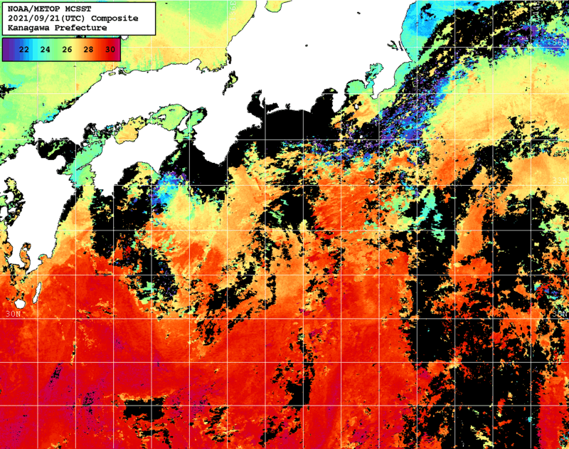 NOAA、MetOp 人工衛星画像 検索結果, 水温分布を図示