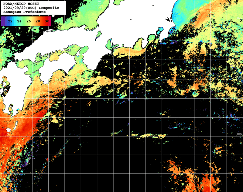 NOAA、MetOp 人工衛星画像 検索結果, 水温分布を図示
