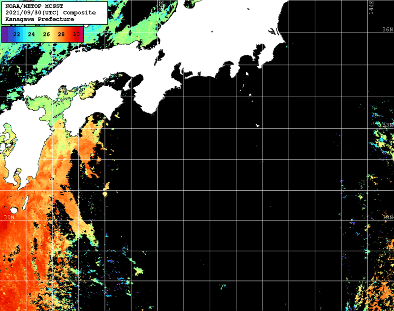 NOAA、MetOp 人工衛星画像 検索結果, 水温分布を図示