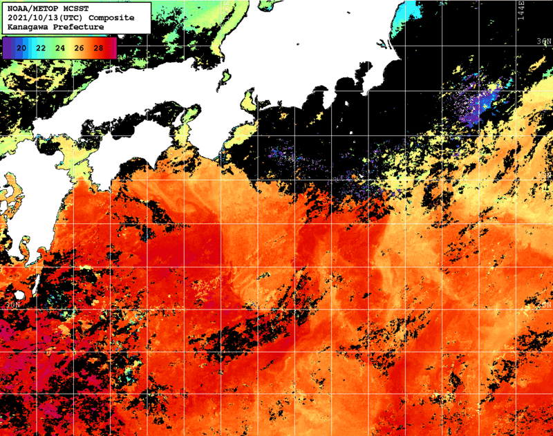 NOAA、MetOp 人工衛星画像 検索結果, 水温分布を図示