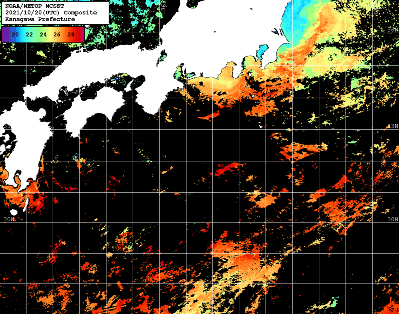 NOAA、MetOp 人工衛星画像 検索結果, 水温分布を図示