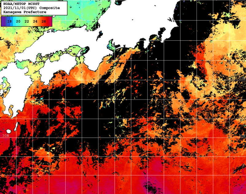 NOAA、MetOp 人工衛星画像 検索結果, 水温分布を図示