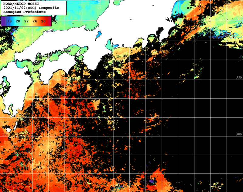 NOAA、MetOp 人工衛星画像 検索結果, 水温分布を図示