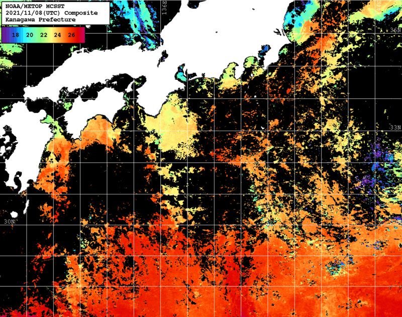 NOAA、MetOp 人工衛星画像 検索結果, 水温分布を図示