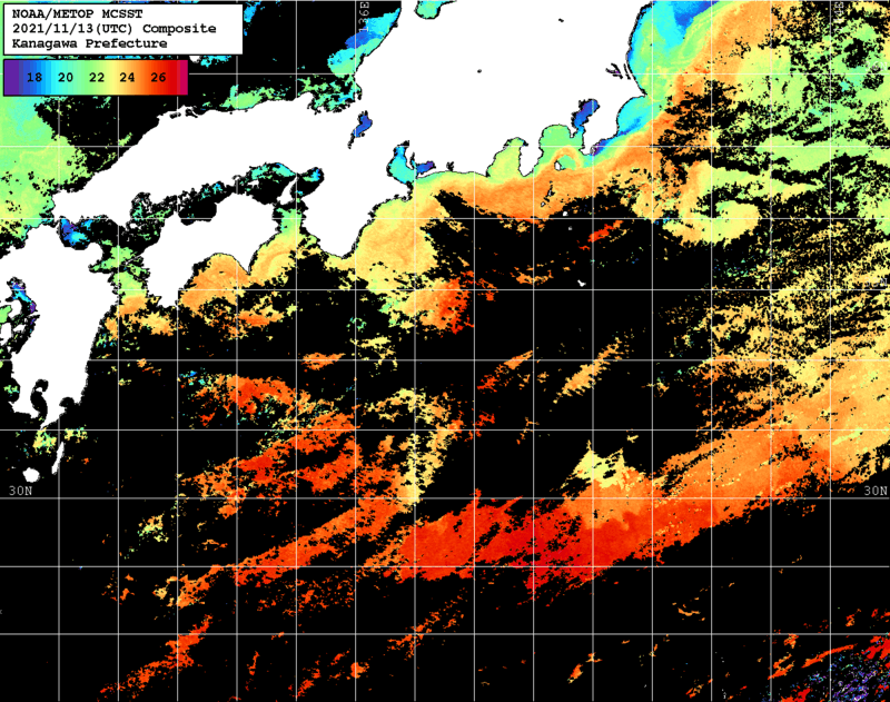 NOAA、MetOp 人工衛星画像 検索結果, 水温分布を図示