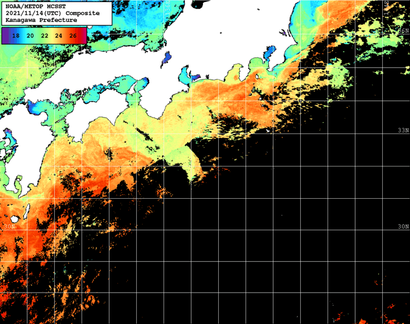 NOAA、MetOp 人工衛星画像 検索結果, 水温分布を図示
