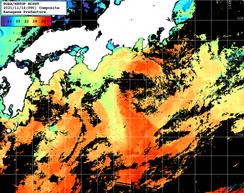 NOAA、MetOp 人工衛星画像 検索結果, 水温分布を図示