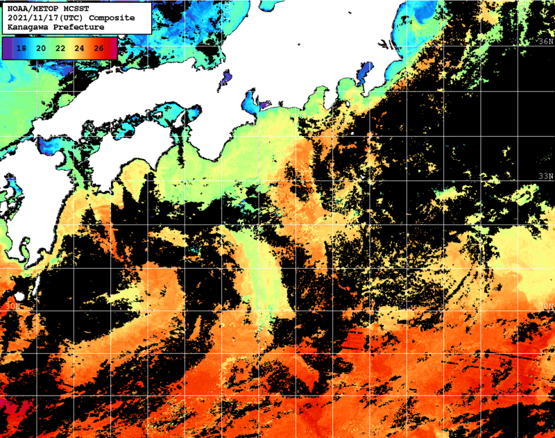 NOAA、MetOp 人工衛星画像 検索結果, 水温分布を図示