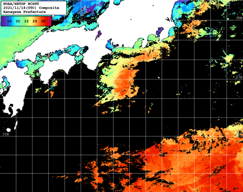 NOAA、MetOp 人工衛星画像 検索結果, 水温分布を図示