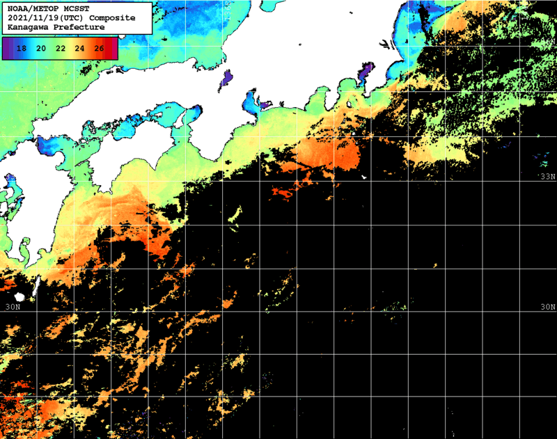 NOAA、MetOp 人工衛星画像 検索結果, 水温分布を図示