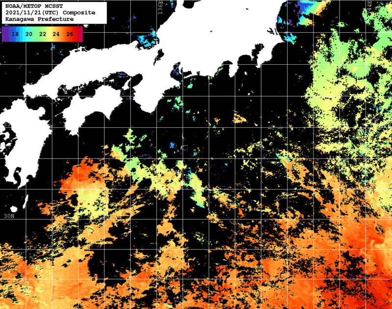 NOAA、MetOp 人工衛星画像 検索結果, 水温分布を図示