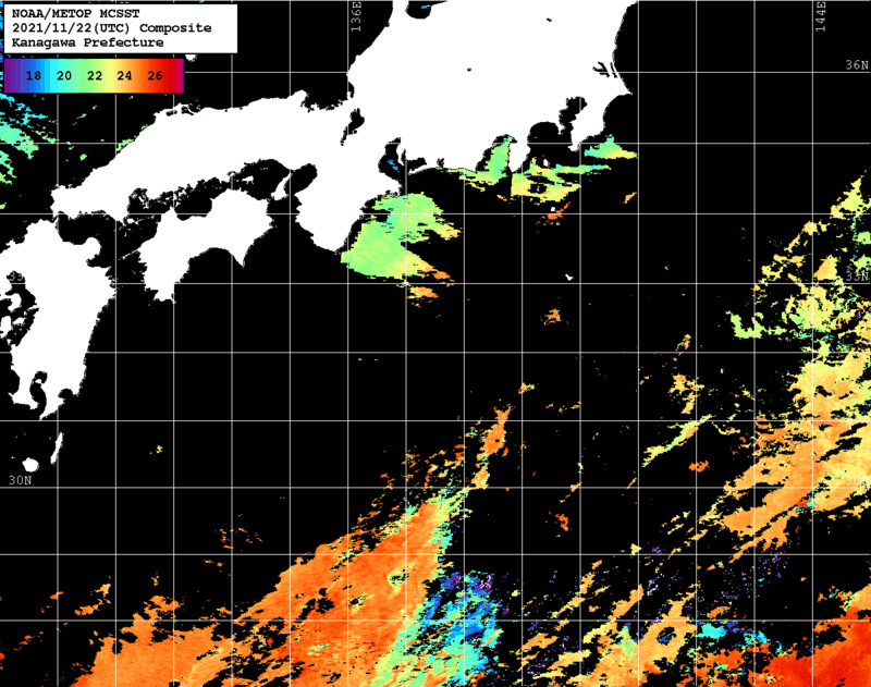 NOAA、MetOp 人工衛星画像 検索結果, 水温分布を図示