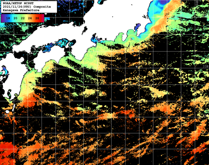 NOAA、MetOp 人工衛星画像 検索結果, 水温分布を図示