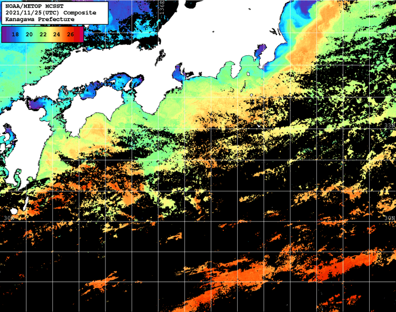 NOAA、MetOp 人工衛星画像 検索結果, 水温分布を図示