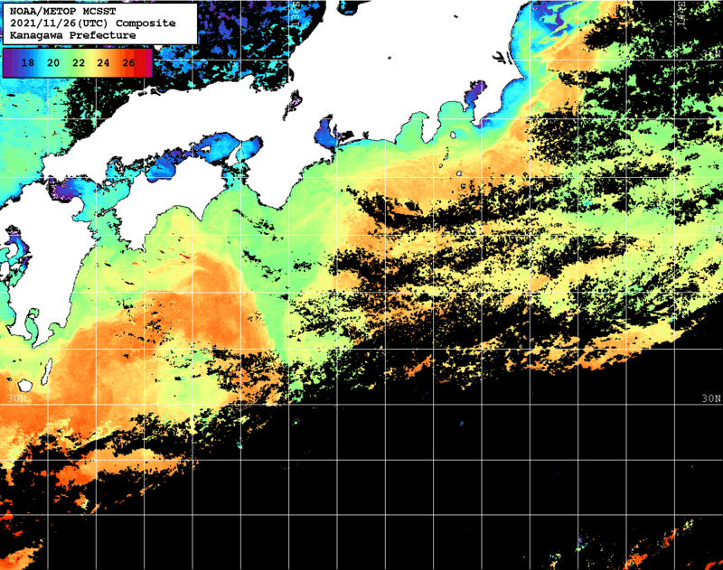 NOAA、MetOp 人工衛星画像 検索結果, 水温分布を図示