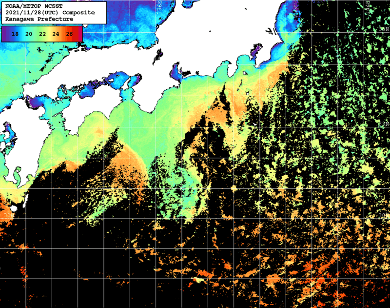 NOAA、MetOp 人工衛星画像 検索結果, 水温分布を図示