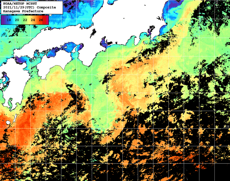 NOAA、MetOp 人工衛星画像 検索結果, 水温分布を図示