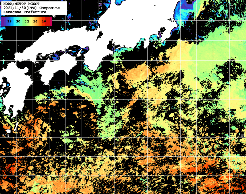 NOAA、MetOp 人工衛星画像 検索結果, 水温分布を図示