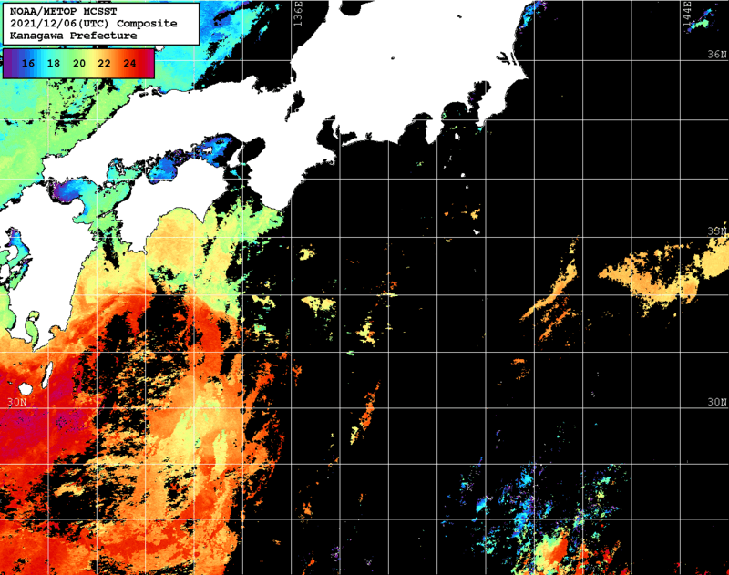 NOAA、MetOp 人工衛星画像 検索結果, 水温分布を図示