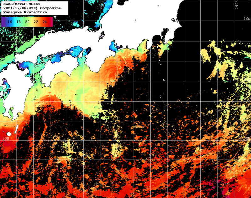 NOAA、MetOp 人工衛星画像 検索結果, 水温分布を図示