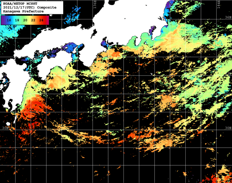 NOAA、MetOp 人工衛星画像 検索結果, 水温分布を図示