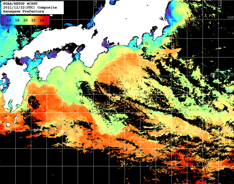 NOAA、MetOp 人工衛星画像 検索結果, 水温分布を図示