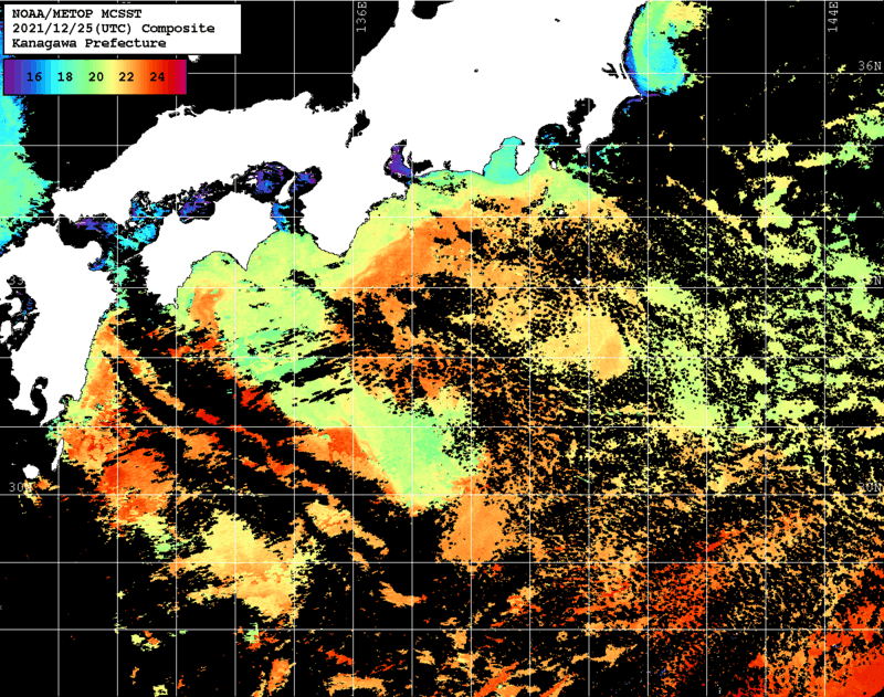 NOAA、MetOp 人工衛星画像 検索結果, 水温分布を図示