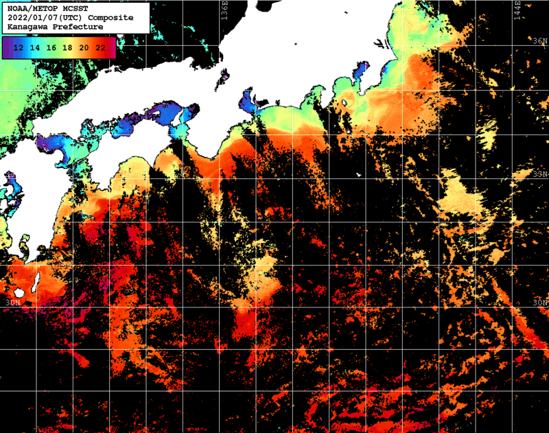 NOAA、MetOp 人工衛星画像 検索結果, 水温分布を図示