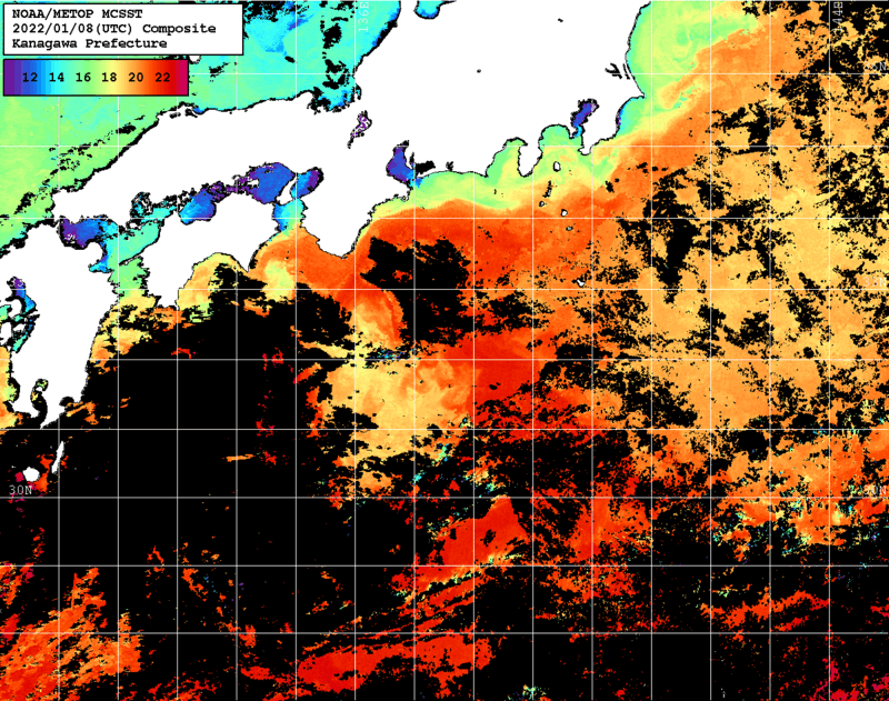 NOAA、MetOp 人工衛星画像 検索結果, 水温分布を図示